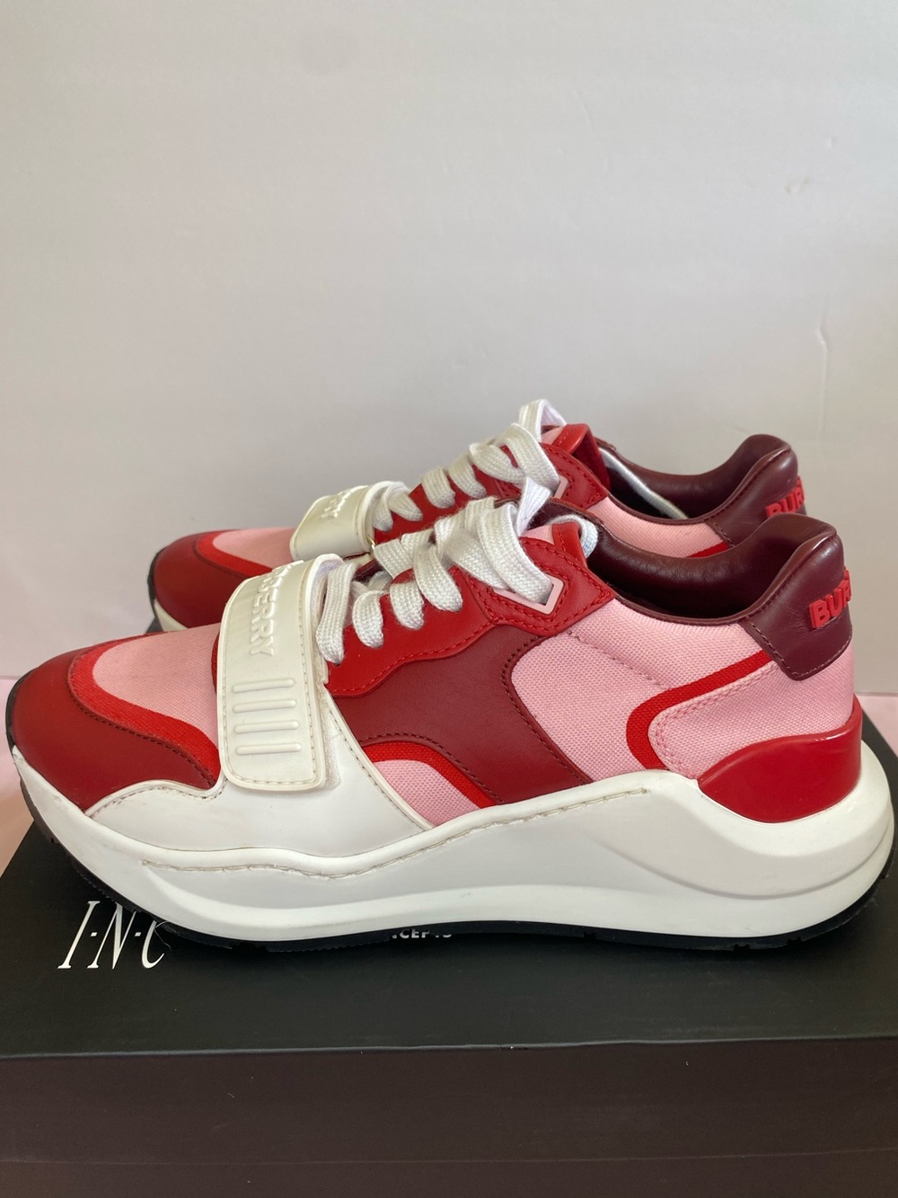 BURBERRY Red and Pink Lace-Up Strap Sneakers - Picture 10 of 15